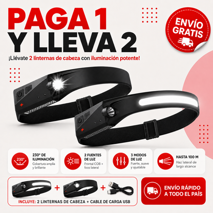 Linterna Frontal Ligera Recargable (Compra 1 y llévate 2)
